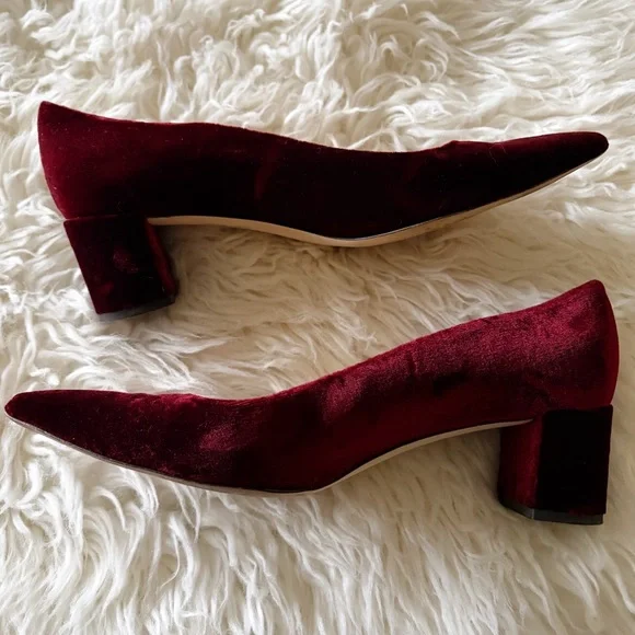 J. Crew | Avery Block Heel Pumps Velvet Pointed Toe Burgundy Red Holiday Size 8 - Picture 5 of 9